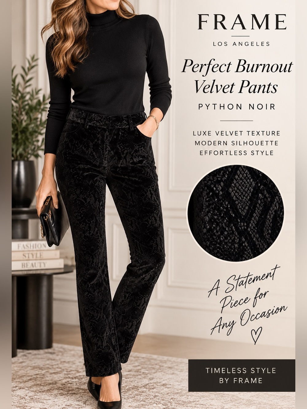 FRAME Perfect Burnout Velvet Python Noir Pants Black Size 14 Luxury Trouser